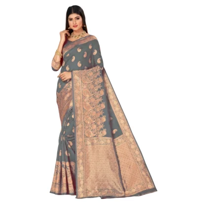 Women's Banarasi Silk Designer Weaving Saree With Unstitched Blouse (Grey, 5.50 Mtrs)