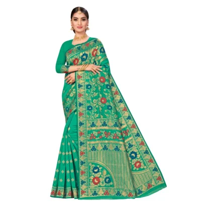 Women's Banarasi Silk Designer Weaving Saree With Unstitched Blouse (Green, 5.50 Mtrs)