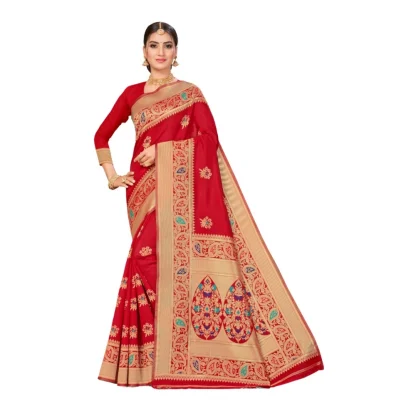 Women's Banarasi Silk Designer Weaving Saree With Unstitched Blouse (Red, 5.50 Mtrs)