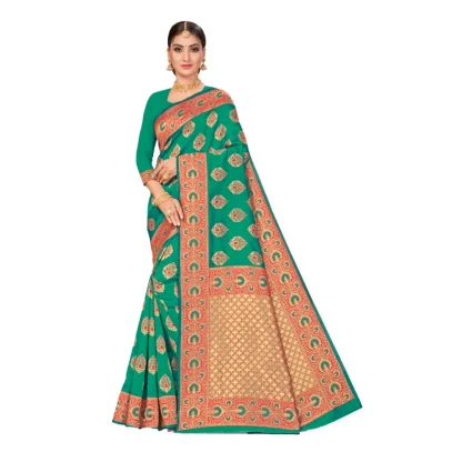 Women's Banarasi Silk Designer Weaving Saree With Unstitched Blouse (Green, 5.50 Mtrs)