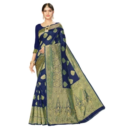 Women's Banarasi Silk Designer Weaving Saree With Unstitched Blouse (Blue, 5.50 Mtrs)