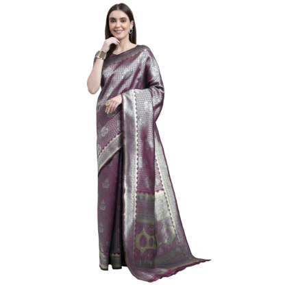 Women's Banarasi Silk Designer Weaving Saree With Unstitched Blouse (Purple, 5.50 Mtrs)