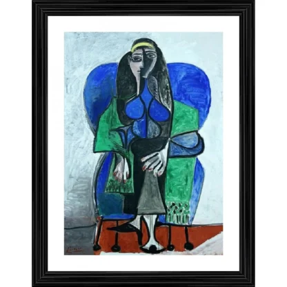 Seated Woman with Green Shawl 1960 Painting With Wood Photo Frame (Multicolor)