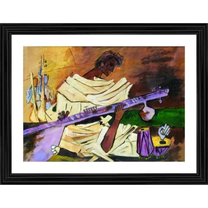 Sitar Player Painting With Wood Photo Frame (Multicolor)