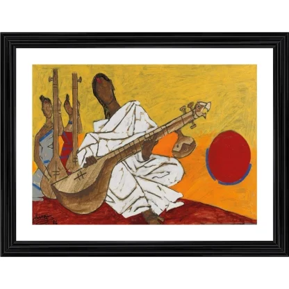 Sitar Player Lady Painting With Wood Photo Frame (Multicolor)