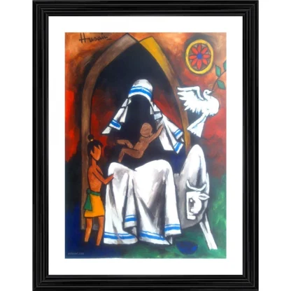 Mother Teresa Goddess of Peace Painting With Wood Photo Frame (Multicolor)