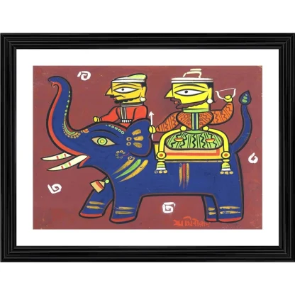 Two Hunters with Elephant Painting With Wood Photo Frame (Multicolor)