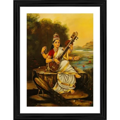 Goddess Saraswati with Sitar Peacock 1896 Painting With Wood Photo Frame (Multicolor)