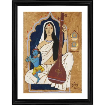 Meerabai and Krishna Painting With Wood Photo Frame (Multicolor)