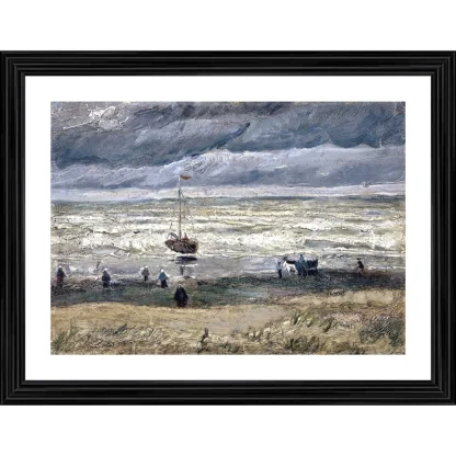 Beach at Scheveningen in Stormy Weather 1882 Painting With Wood Photo Frame (Multicolor)