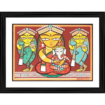 Parvati Ganesh Painting With Wood Photo Frame (Multicolor)