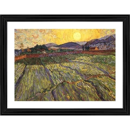 Wheat Field With Rising Sun 1889 Painting With Wood Photo Frame (Multicolor)