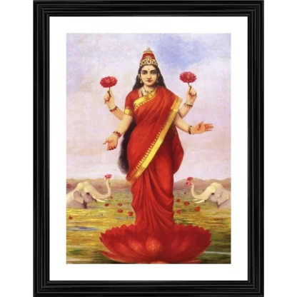 Goddess Lakshmi & Lotus in the Lake 1896 Painting With Wood Photo Frame (Multicolor)