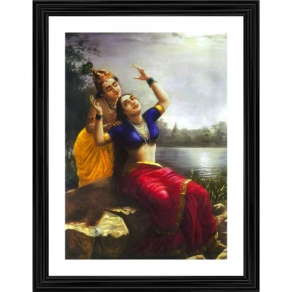 Radha and Madhav Krishna 1900 Painting With Wood Photo Frame (Multicolor)