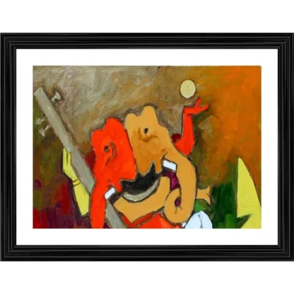 Ganesh Playing Veena Painting With Wood Photo Frame (Multicolor)