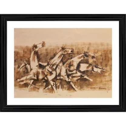 Four Horses and the Battle Painting With Wood Photo Frame (Multicolor)