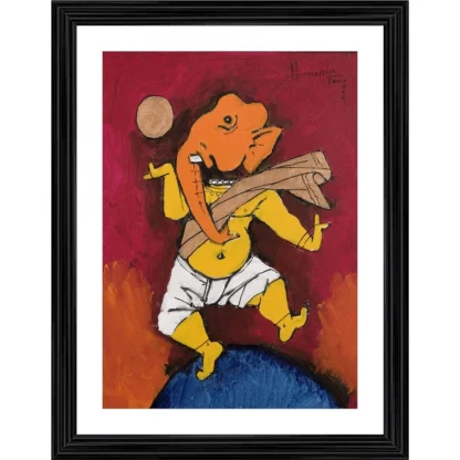 Ganesh and the Moon Painting With Wood Photo Frame (Multicolor)