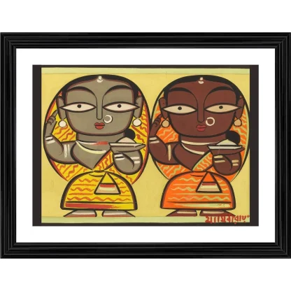 Two Worshiping Women Painting With Wood Photo Frame (Multicolor)