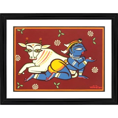 Bal Krishna and Cow Painting With Wood Photo Frame (Multicolor)