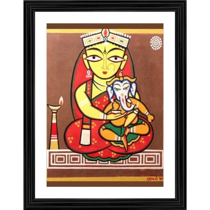 Ganesh Parvati Painting With Wood Photo Frame (Multicolor)