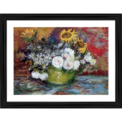 Still life with roses and sunflowers 1886 Painting With Wood Photo Frame (Multicolor)