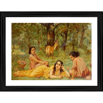 Shakuntala Writing a Letter to Dushyant 1876 Painting With Wood Photo Frame (Multicolor)