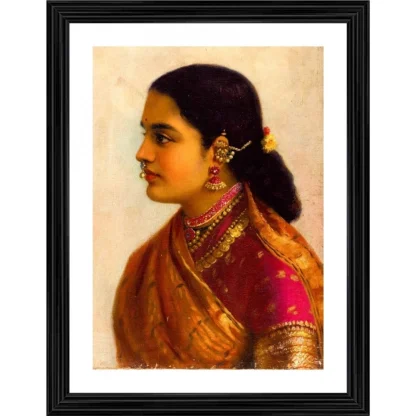 Lady in Crimson Red Saree 1900 Painting With Wood Photo Frame (Multicolor)