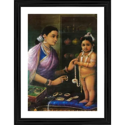 Yashoda Bal Krishna with Cow 1879 Painting With Wood Photo Frame (Multicolor)