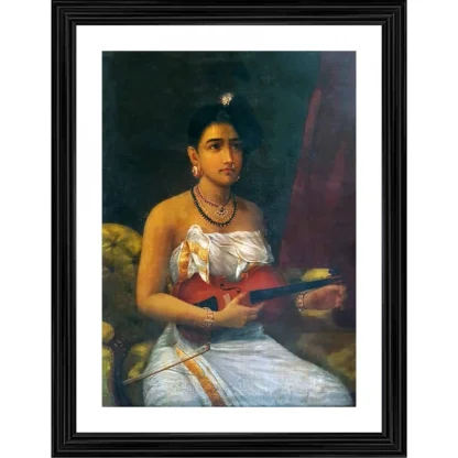 A Lady Playing Voilin 1880 Painting With Wood Photo Frame (Multicolor)