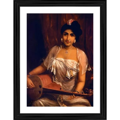 A Lady Playing Veena 1888 Painting With Wood Photo Frame (Multicolor)