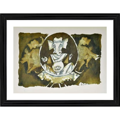 Shree Ganesh Painting With Wood Photo Frame (Multicolor)