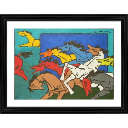 Village Horses Painting With Wood Photo Frame (Multicolor)