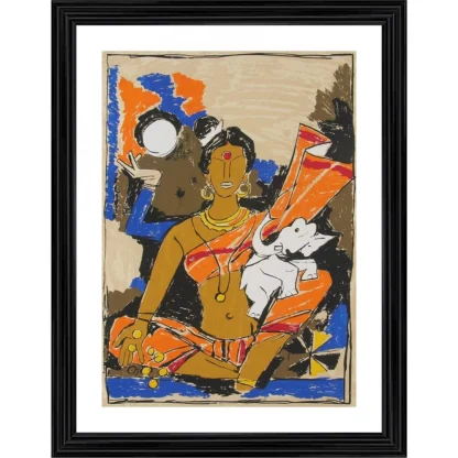 Goddess Lakshmi Painting With Wood Photo Frame (Multicolor)