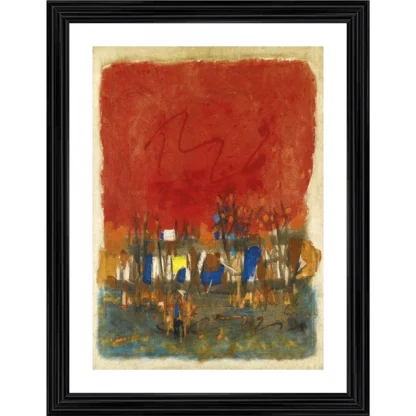 Red Landscape 1964 Painting With Wood Photo Frame (Multicolor)