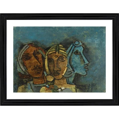 Three Ladies Rajasthan 1963 Painting With Wood Photo Frame (Multicolor)