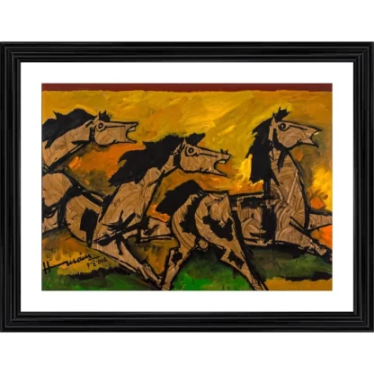 Three Horses Painting With Wood Photo Frame (Multicolor)