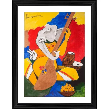 Ganesh and Veena Painting With Wood Photo Frame (Multicolor)