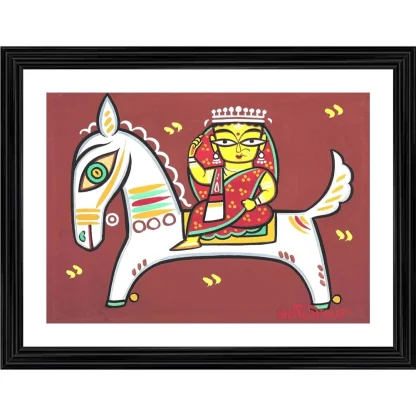 Woman on the Horse Painting With Wood Photo Frame (Multicolor)