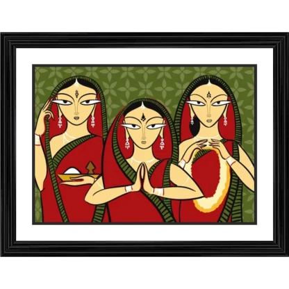 Three Worshiping Women Painting With Wood Photo Frame (Multicolor)