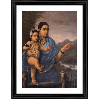 Yashoda Pointing out to Balakrishna Cows 1870 Painting With Wood Photo Frame (Multicolor)