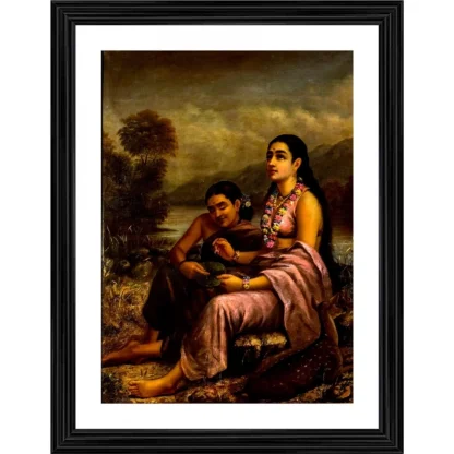 Shakuntala writing a love letter on a lotus leaf 1900 Painting With Wood Photo Frame (Multicolor)