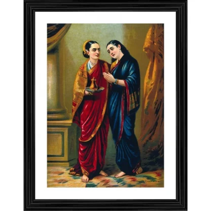 Draupadi and Sudeshna 1896 Painting With Wood Photo Frame (Multicolor)