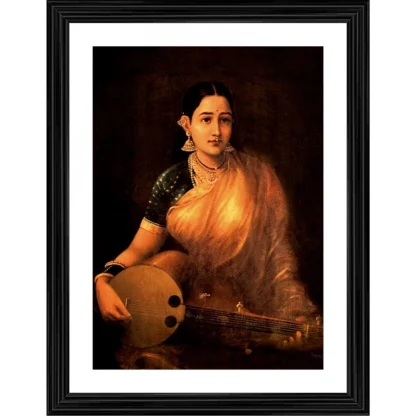 A Lady Playing Swarbat 1874 Painting With Wood Photo Frame (Multicolor)