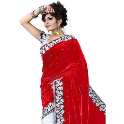 Women's Velvet Embroidered Saree With Unstitched Blouse (Red, 5.5 Mtr) - Image 3