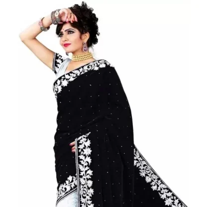 Women's Velvet Embroidered Saree With Unstitched Blouse (Black, 5.5 Mtr) - Image 3