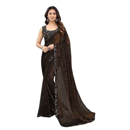 Women's Lycra Floral Saree With Unstitched Blouse (Brown, 5.5 Mtr)