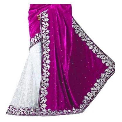 Women's Velvet Embroidered Saree With Unstitched Blouse (Pink, 5.5 Mtr) - Image 3