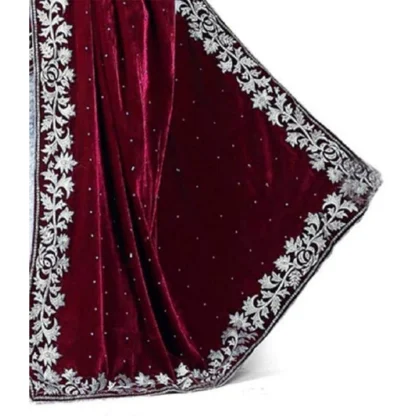 Women's Velvet Embroidered Saree With Unstitched Blouse (Maroon, 5.5 Mtr) - Image 2