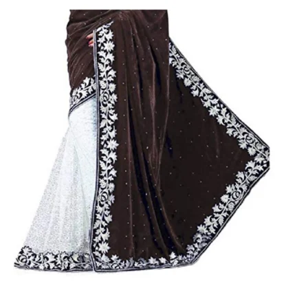 Women's Velvet Embroidered Saree With Unstitched Blouse (Brown, 5.5 Mtr) - Image 3