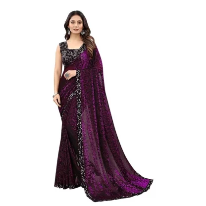 Women's Lycra Floral Saree With Unstitched Blouse (Wine, 5.5 Mtr)